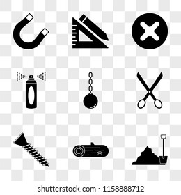 9 simple transparent vector icon pack, set of icons such as Sand, Wood, Screw, Scissors, Wrecking Ball, Spray, Ruler and Pencil, Magnet
