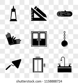 9 simple transparent vector icon pack, set of icons such as Sink, Elevator, Trowel, Wrecking Ball, Doors, Glove, Wood, Ruler and Pencil, Super Glue