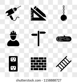 9 simple transparent vector icon pack, set of icons such as Ladder, Brick Wall, Socket, Wood, Road Panel, Worker, Wrecking Ball, Ruler and Pencil, Drill