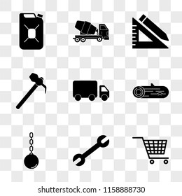 9 simple transparent vector icon pack, set of icons such as Cart, Wrench, Wrecking Ball, Wood, Truck, Hammer, Ruler and Pencil, Cement Gaso