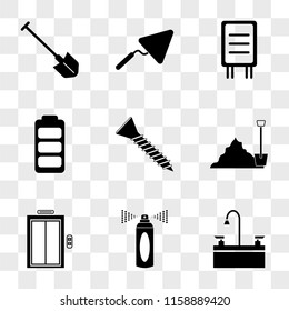 9 simple transparent vector icon pack, set of icons such as Sink, Spray, Elevator, Sand, Screw, Battery Charging, Road Panel, Trowel, Shovel