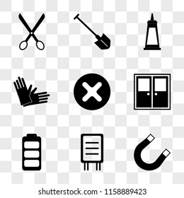 9 simple transparent vector icon pack, set of icons such as Magnet, Road Panel, Battery Charging, Doors, Screw, Glove, Super Glue, Shovel, Scissors