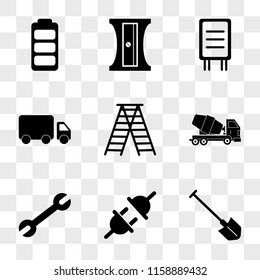 9 simple transparent vector icon pack, set of icons such as Shovel, Plug, Wrench, Cement Truck, Ladder, Road Panel, Sharpener, Battery Charging