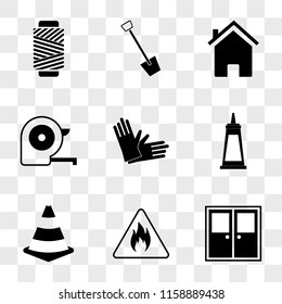 9 simple transparent vector icon pack, set of icons such as Doors, Inflamable, Cone, Super Glue, Glove, Meter, Home, Shovel, Wire Roll