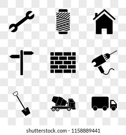 9 simple transparent vector icon pack, set of icons such as Truck, Cement Shovel, Drill, Brick Wall, Road Panel, Home, Wire Roll, Wrench