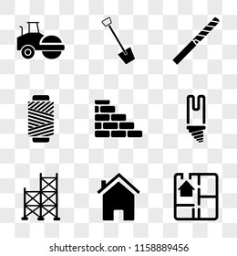 9 simple transparent vector icon pack, set of icons such as House Plan, Home, Scaffholding, Light Bulb, Bricks, Wire Roll, Drill Tip, Shovel, Steamtroller