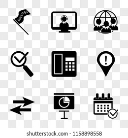 9 simple transparent vector icon pack, set of icons such as Calendar check, Screen with circular graphic business, Two opposite arrows, Information placeholder exclamation, Telephone square tool
