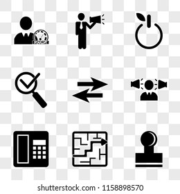 9 simple transparent vector icon pack, set of icons such as Stamp office tool from side view, Labyrinth with an arrow pointing the way out, Telephone square tool, Man speakers at both sides