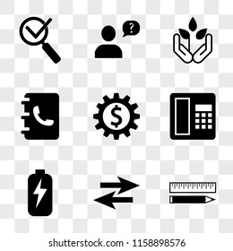 9 simple transparent vector icon pack, set of icons such as Ruler and pencil, Two opposite arrows, Battery with bolt, Telephone square tool, Gear dollar, Phone book, Plant growing on hands palms