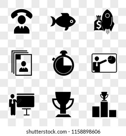 9 simple transparent vector icon pack, set of icons such as Trophy cup on lectern podium, Sportive cup, Businessman in a presentation with screen, Person presenting business pie graphic, Timer