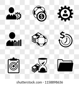 9 simple transparent vector icon pack, set of icons such as Folder, Money stack and sand clock, Archery note, Clock with dollar, Safety money, Businessman presenting ascending 