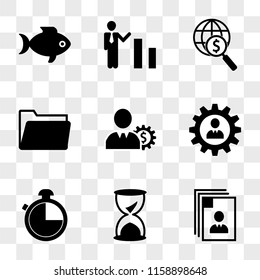 9 simple transparent vector icon pack, set of icons such as Identity on personal images, Sands time, Timer or chronometer tool, Man in a gear, head with dollar, Folder, International search for money