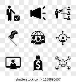 9 simple transparent vector icon pack, set of icons such as Connected persons around the Earth, Dollars money bag, Operator with headset on monitor screen, People orientation, communication  - Powered by Shutterstock - Get 15% off with code: PIKWIZARD15