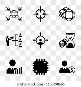 9 simple transparent vector icon pack, set of icons such as Businessman with dollar coin, Processor, presenting ascending bars graphic improving business, Money stack and sand clock, 