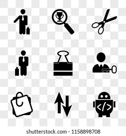 9 Simple Transparent Vector Icon Pack, Set Of Icons Such As Robot Code, Up Arrow Opposite To Down, Office Paperclip With Notes, Key Tool In A Man Head, Paperclip Tool, Businessman Suitcase