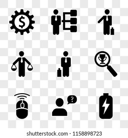 9 simple transparent vector icon pack, set of icons such as Battery with bolt, Speech bubble question mark in man head, Wireless mouse tool, Sportive cup under magnifying glass Businessman suitcase