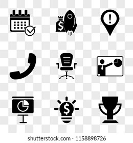 9 simple transparent vector icon pack, set of icons such as Sportive cup, Lightbulb on with dollar, Screen circular graphic business, Person presenting business pie graphic, Office wheels chair