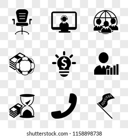 9 simple transparent vector icon pack, set of icons such as Success flag, Telephone, Money stack and sand clock, Businessman presenting ascending bars graphic improving business, Lightbulb 