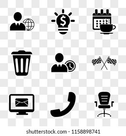 9 simple transparent vector icon pack, set of icons such as Office wheels chair, Telephone, Email, Race flag, People time, Trash, Tea meeting event date, Lightbulb on with dollar