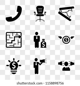 9 simple transparent vector icon pack, set of icons such as Man with speakers at both sides, talking by a speaker, Lightbulb on dollar, Money sack wings, Businessman dollars money bag
