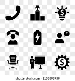 9 simple transparent vector icon pack, set of icons such as Gear with dollar, Businessman in a presentation screen, Office wheels chair, Speech bubble question mark man head, Battery bolt, 