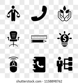 9 simple transparent vector icon pack, set of icons such as Businessman with graphic hierarchy, Phone book, Wireless mouse tool, Lightbulb on dollar, Ruler and pencil, Office wheels chair