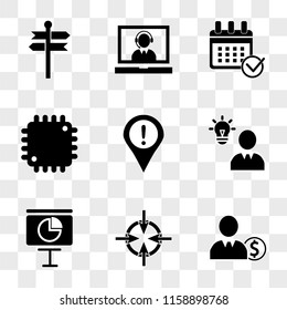 9 simple transparent vector icon pack, set of icons such as Businessman with dollar coin, Four arrows pointing the center a circle, Screen circular graphic business, Verified idea lightbulb in man