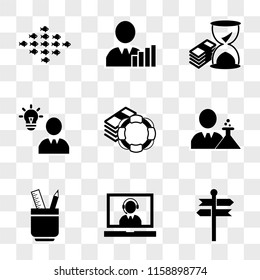 9 simple transparent vector icon pack, set of icons such as Directional arrows, Operator callcenter on laptop screen, Ruler and pencil office tools, Businessman in a lab flask experimentation