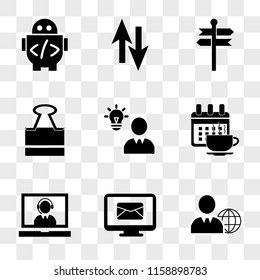 9 simple transparent vector icon pack, set of icons such as International businessman, Email, Operator callcenter on laptop screen, Tea meeting event date, Verified idea lightbulb in man head