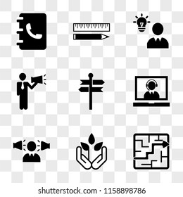 9 simple transparent vector icon pack, set of icons such as Labyrinth with an arrow pointing the way out, Plant growing on hands palms, Man speakers at both sides, Operator callcenter laptop screen