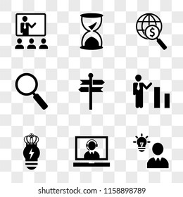 9 simple transparent vector icon pack, set of icons such as Verified idea lightbulb in man head, Operator callcenter on laptop screen, Lightbulb with flash bolt and a crown, Businessman ascending 