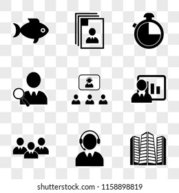 9 simple transparent vector icon pack, set of icons such as Urban buildings towers, Call center operator, Businessman team, on business presentation with bars graphic, Operator headset talking 