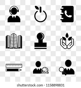 9 simple transparent vector icon pack, set of icons such as Search people, Dead, Ruler and pencil, Plant growing on hands palms, Stamp office tool from side view, Urban buildings towers, Phone book