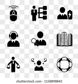 9 simple transparent vector icon pack, set of icons such as Lifeguard, Businessman with doubts, Human balanced scale a businessman, Urban buildings towers, Search people, Call center operator