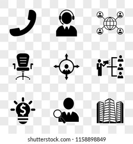 9 simple transparent vector icon pack, set of icons such as Urban buildings towers, Search people, Lightbulb on with dollar, Businessman a speaker in hierarchical graphic business, People orientation