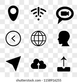 9 simple transparent vector icon pack, set of icons such as Upload, Cloud computing, Compass, Head, Internet, Left arrow, Speech bubble, Wifi, Placeholder