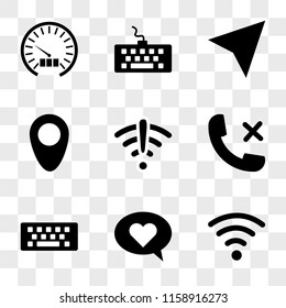 9 simple transparent vector icon pack, set of icons such as Wifi, Speech, Keyboard, Phone call, Placeholder, Compass, Speedometer