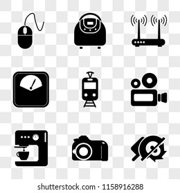 9 simple transparent vector icon pack, set of icons such as Circular saw, Photo camera, Coffee machine, Video Tram, Weight, Router, Multivarka, Mouse