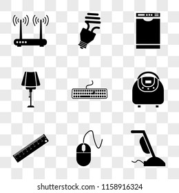 9 simple transparent vector icon pack, set of icons such as Hand blender, Mouse, Ruler, Multivarka, Keyboard, Desk lamp, Dishwasher, Light bulb, Router