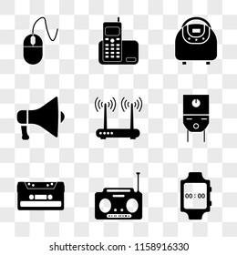 9 simple transparent vector icon pack, set of icons such as Wristwatch, Radio, Cassette, Water boiler, Router, Megaphone, Multivarka, Home phone, Mouse