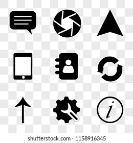 9 simple transparent vector icon pack, set of icons such as Info, Settings, Up arrow, Refresh, Agenda, Tablet, Compass, Shutter, Speech bubble