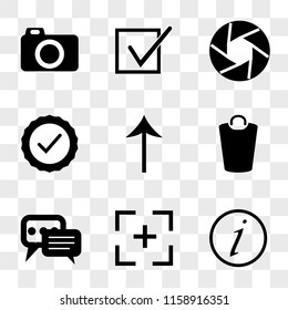 9 simple transparent vector icon pack, set of icons such as Info, Focus, Speech bubble, Garbage, Up arrow, Check, Shutter, Tick, Photo camera