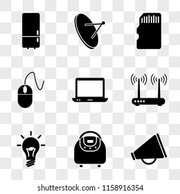 9 simple transparent vector icon pack, set of icons such as Megaphone, Multivarka, Light bulb, Router, Computer, Mouse, Memory card, Satellite dish, Refrigerator