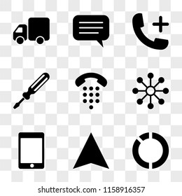 9 simple transparent vector icon pack, set of icons such as Pie chart, Compass, Tablet, Share, Telephone, Screwdriver, Phone, Speech bubble, Truck