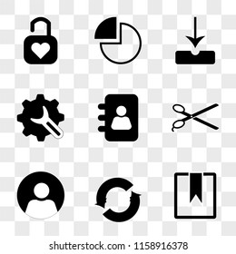 9 simple transparent vector icon pack, set of icons such as Bookmark, Refresh, User, Scissors, Agenda, Settings, Download, Pie chart, Padlock