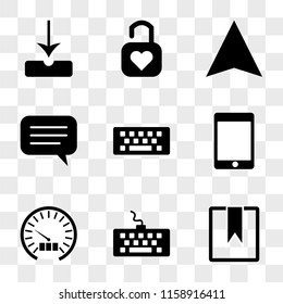 9 simple transparent vector icon pack, set of icons such as Bookmark, Keyboard, Speedometer, Tablet, Speech bubble, Compass, Padlock, Download