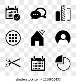 9 simple transparent vector icon pack, set of icons such as Pie chart, Calendar, Scissors, User, House, Menu, Bar Speech bubble, Calendar