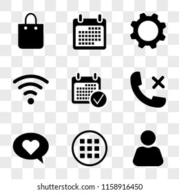 9 simple transparent vector icon pack, set of icons such as User, Menu, Speech, Phone call, Calendar, Wifi, Settings, Shopping bag