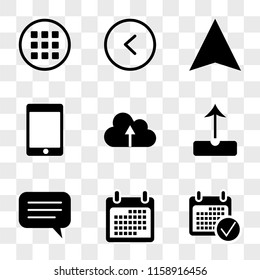 9 simple transparent vector icon pack, set of icons such as Calendar, Speech bubble, Upload, Cloud computing, Tablet, Compass, Left arrow, Menu