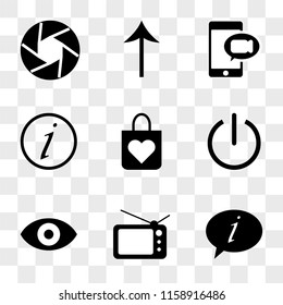 9 simple transparent vector icon pack, set of icons such as Speech bubble, Television, Eye, Power, Shopping bag, Info, Smartphone, Up arrow, Shutter
